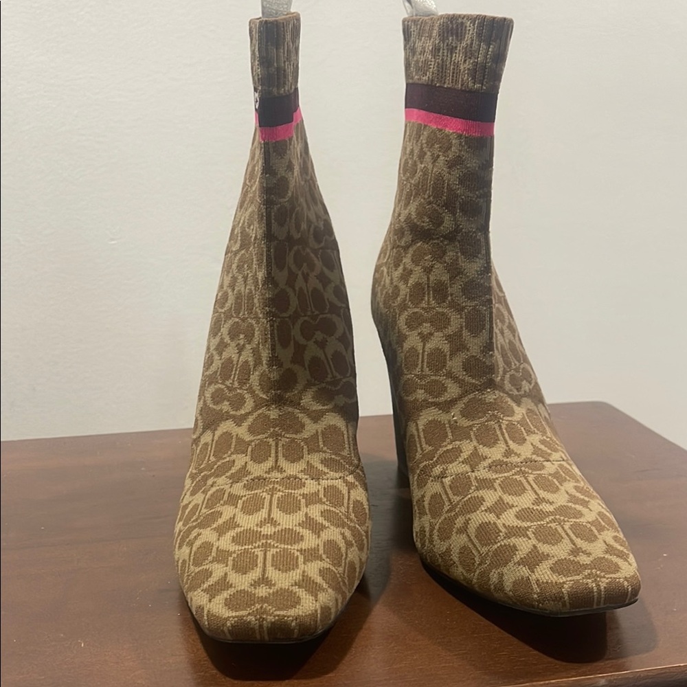 Coach Brown Heeled Boots with Textured Pattern